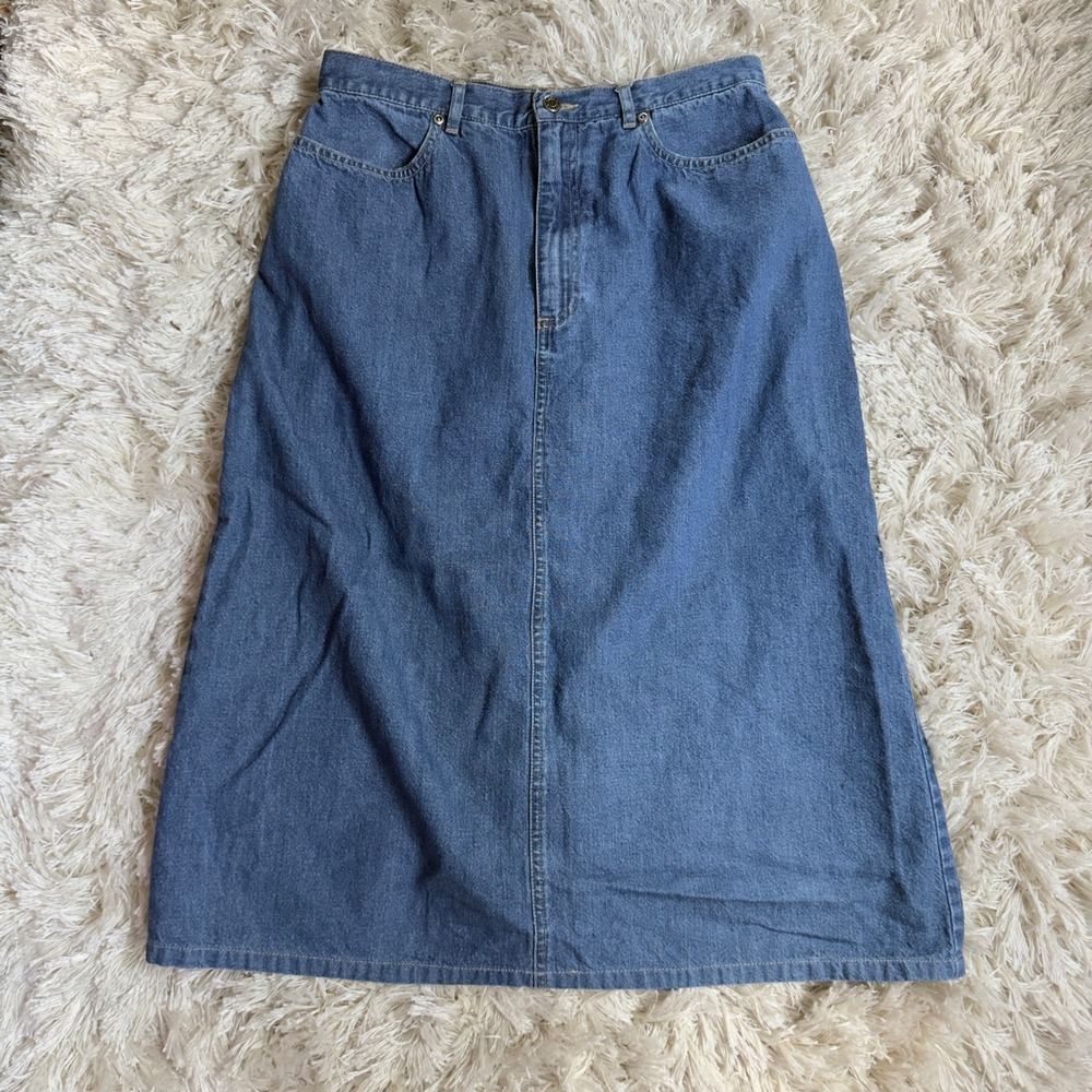 Vintage Crazy Horse High Waist A-Line Denim Midi Maxi Skirt Back Slit 90s 10 M